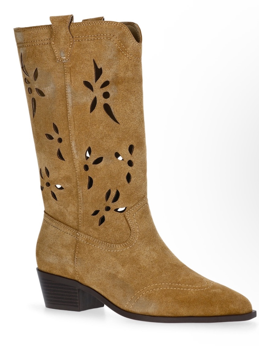 Women's Tan Suede Mid-Calf Western Boots with Cutouts Size 7